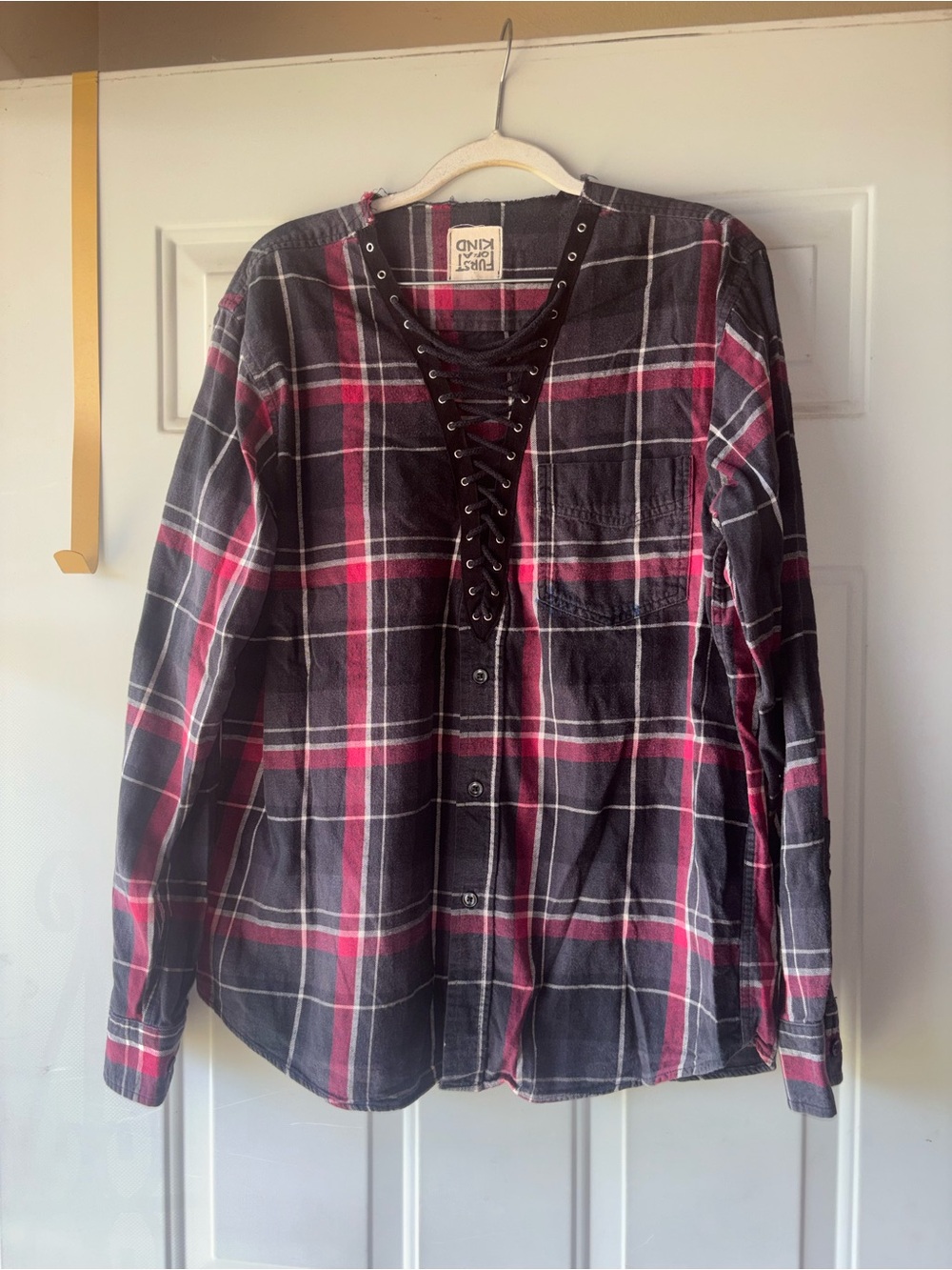 Furst of a Kind upcycled plaid flannel lace up top size M/L